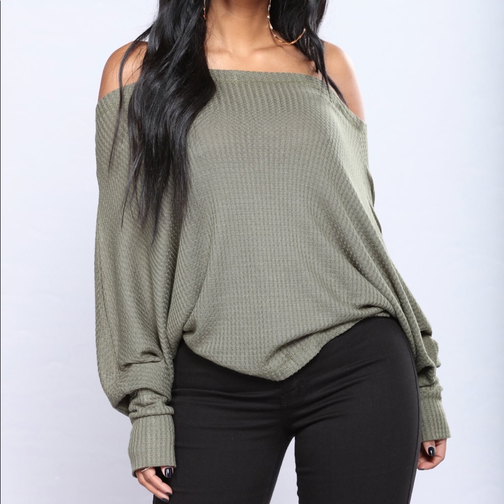 Army Green Off Shoulder Long Sleeve Top